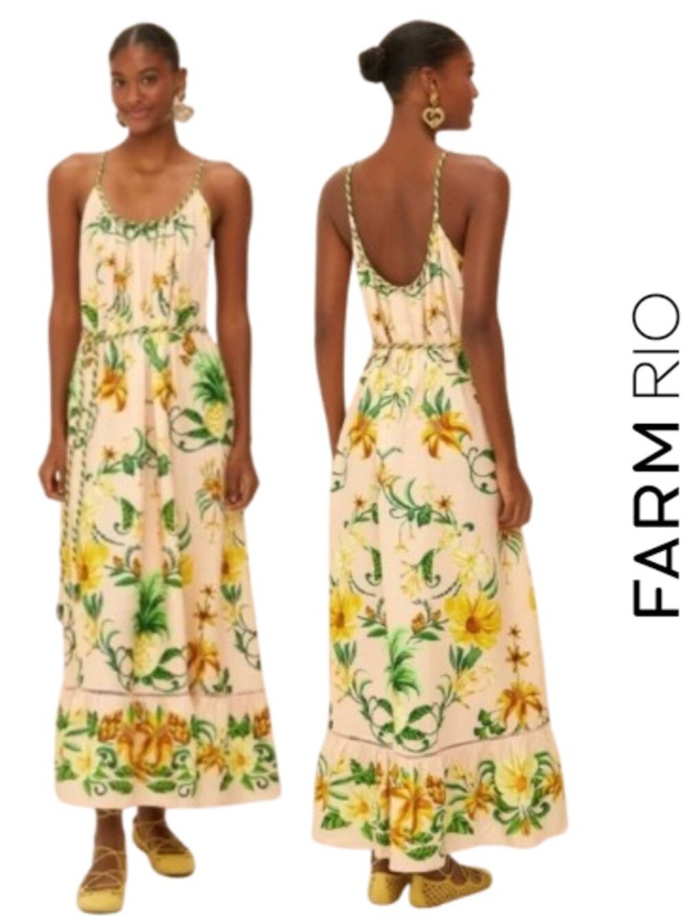 FARM Rio Botanical Beauty Pink Floral Maxi Dress Linen Blend Size L - Picture 2 of 6